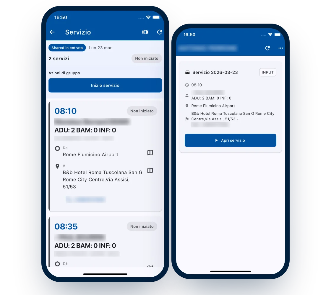 App per gli autisti di un servizio transfer: elenco dei servizi del giorno e dettaglio del servizio (dati personali oscurati)