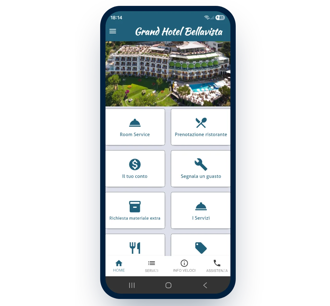 App MyBestStay sullo smartphone: home con i servizi dell'hotel, room service, prenotazione ristorante, conto e segnalazioni